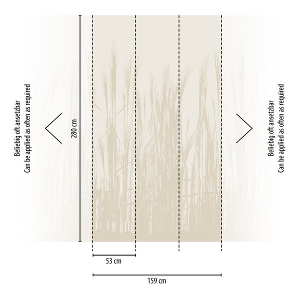 Fototapete mit Grasmotiv und Maßangaben: Gesamthöhe 280 Zentimeter, Gesamtbreite 159 Zentimeter, Bahnbreite 53 Zentimeter.