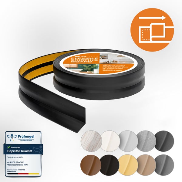 Quest Weichsockelleiste Selbstklebend 25 x 15 mm, PVC, Flexibel, Schwarz, 10 Meter
