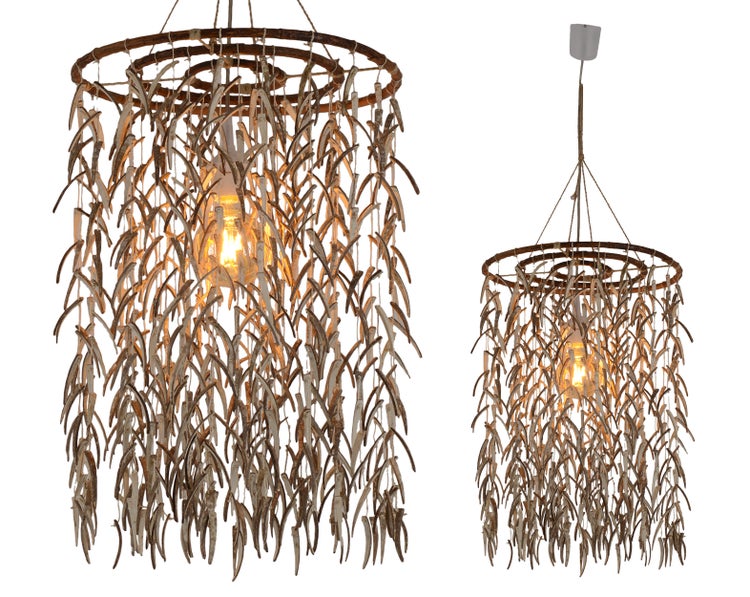 Zwei Ansichten einer Hängeleuchte mit dekorativen Elementen