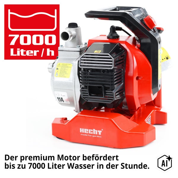 Hecht Benzin Wasserpumpe mit einer Förderleistung von 7000 Liter pro Stunde für den Garten.