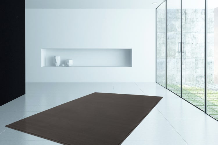 Dunkelbrauner rechteckiger Teppich in einem hellen, minimalistischen modernen Raum mit weißen Fliesen und Glaswand.