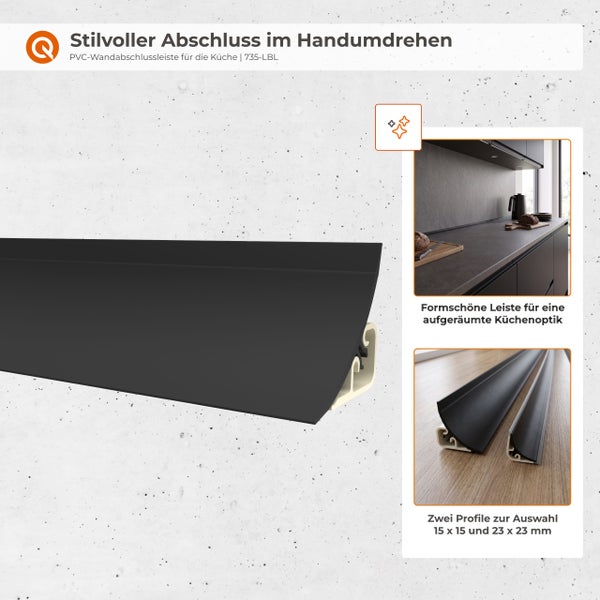 PVC Wandabschlussleiste für die Küche zur sauberen Kantenverkleidung, erhältlich in zwei Profilgrößen für einen ordentlichen Abschluss.