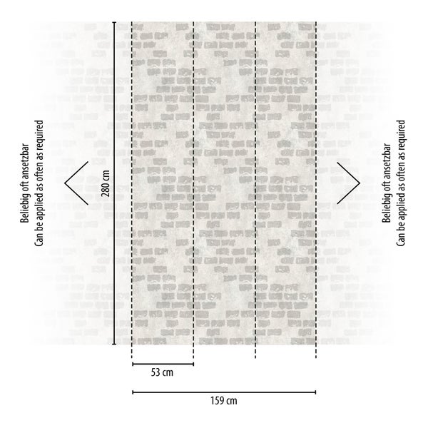 Vliestapete mit Backsteinmuster, Höhe 280 Zentimeter, Breite pro Bahn 53 Zentimeter, Gesamtbreite 159 Zentimeter, beliebig oft ansetzbar.