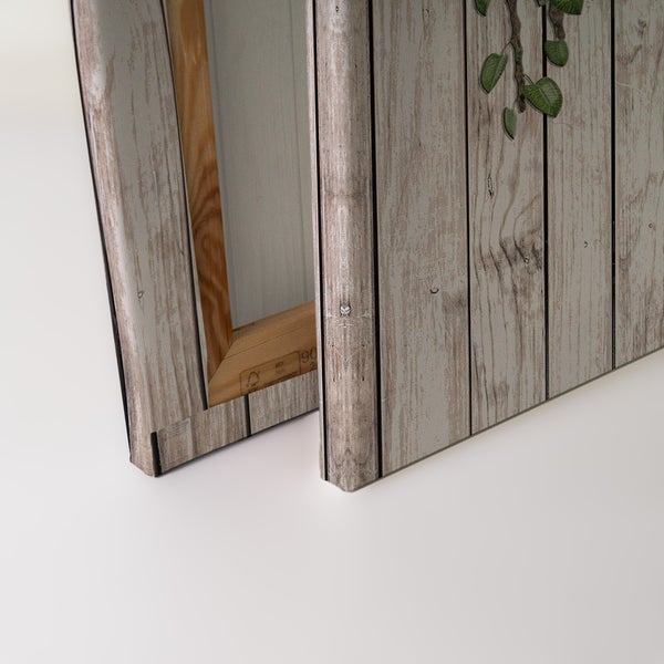 Leinwandbild auf Holzrahmen mit Holzoptik Motiv und Blattwerk