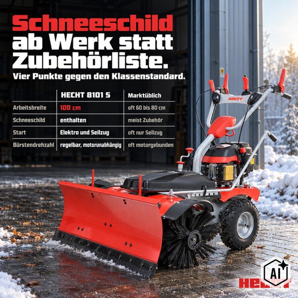 Kehrmaschine Hecht 8101 S mit Schneeschild und Vergleichstabelle zur technischen Ausstattung auf gepflastertem Boden.