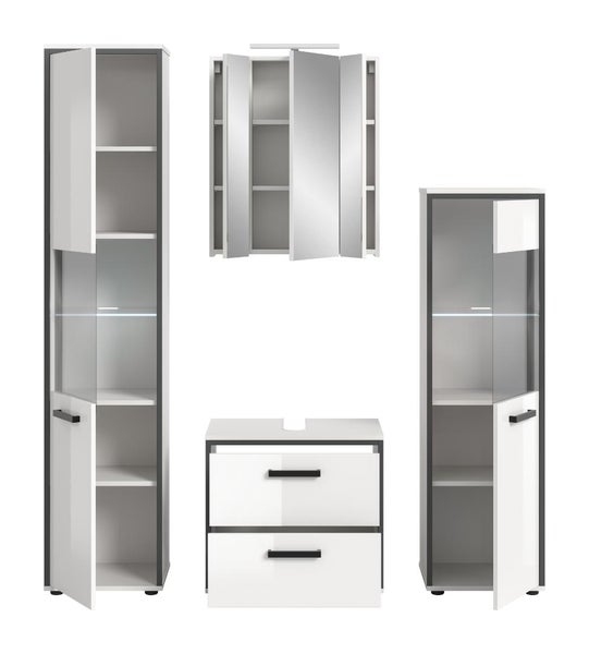 Modernes Badezimmermöbel-Set bestehend aus Hochschrank, Spiegelschrank, Waschbeckenunterschrank und Midischrank in Weiß mit dunkelgrauen Akzenten.