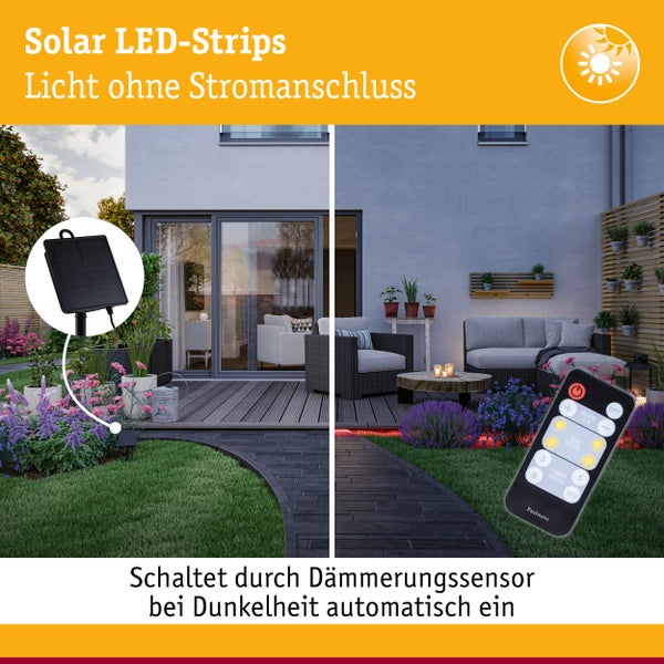 Paulmann Solar LED Streifen 5 Meter mit Solarpanel Fernbedienung und Erdspieß zur Außenbeleuchtung mit Farbwechsel und Dimmfunktion.