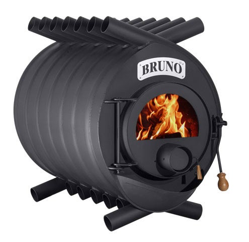 Bruno Holzofen mit Flammen hinter der Glasscheibe