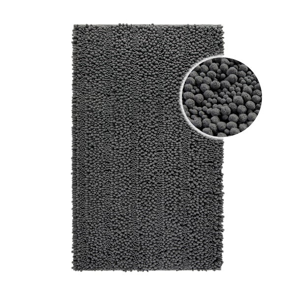 Graue Badematte aus Mikrofaser-Chenille mit Detailansicht der weichen Noppenstruktur.