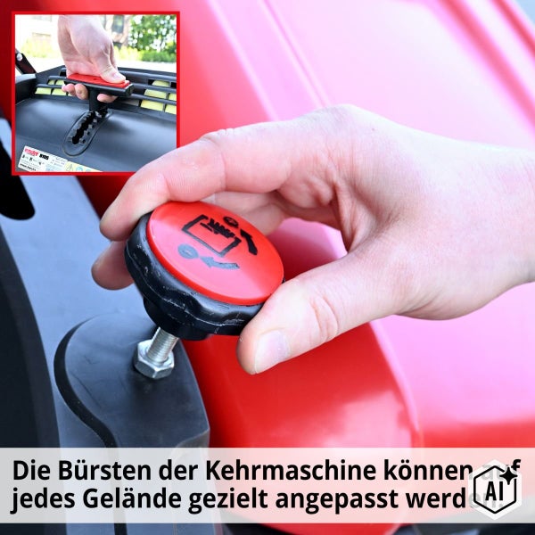 Hand eines Bedieners beim Einstellen des Drucks der Kehrbürste an einer Kehrmaschine mit einem Drehknopf zur Höhenanpassung.