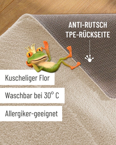 Teppich mit weichem Flor, rutschhemmender TPE-Rückseite, waschbar bei 30 Grad und für Allergiker geeignet.