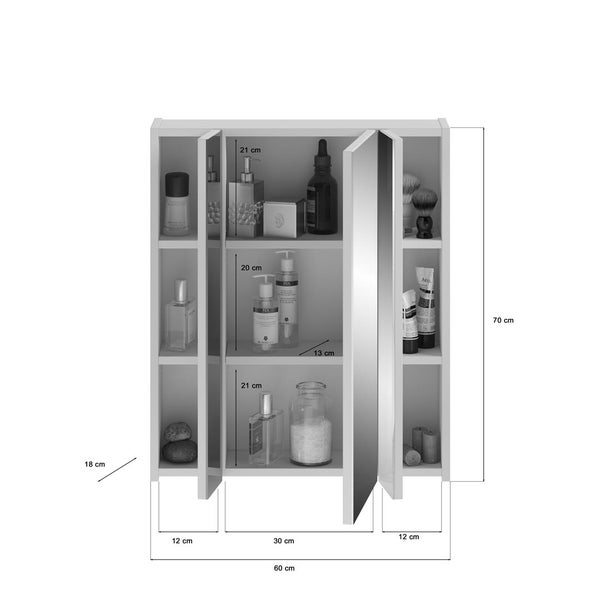 Linus Spiegelschrank Bad 3 Türen weiß. 60 X 18 X 70 cm
