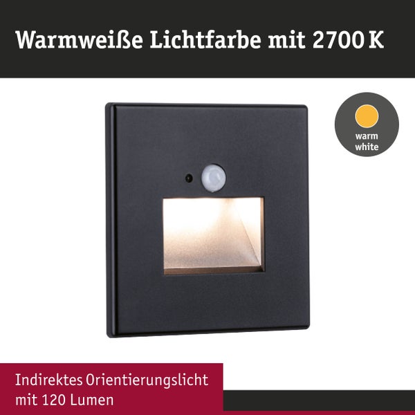 Rückseite der Produktverpackung einer Paulmann LED Wandeinbauleuchte mit Bewegungssensor inklusive technischer Daten und Montagehinweisen.