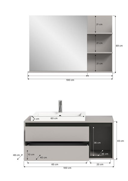 Jaru Badmöbelset 100cm grau,schwarz. 100 X 48 X 192 cm