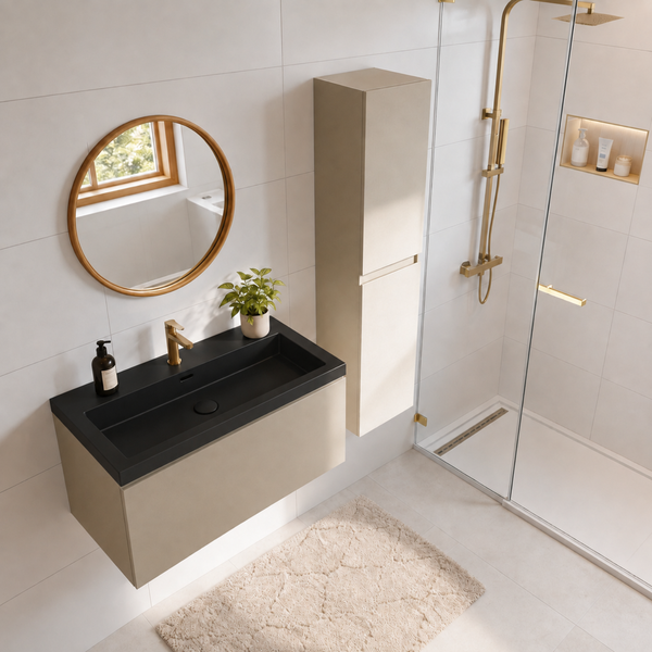 Modernes Badezimmer mit Waschtisch, schwarzem Waschbecken, runder Spiegel, Hochschrank, Dusche mit Armaturen und Fliesen.
