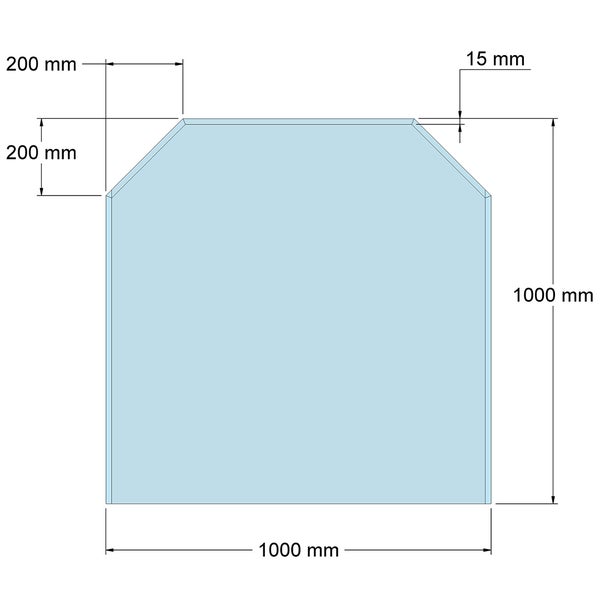 Technische Zeichnung einer Bodenplatte: Breite 1000 Millimeter, Höhe 1000 Millimeter, Facette 15 Millimeter, abgeschrägte Ecken 200 Millimeter.