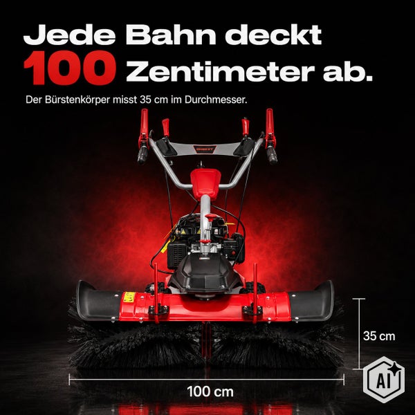 Kehrmaschine mit einer Arbeitsbreite von 100 Zentimetern und einem Bürstendurchmesser von 35 Zentimetern.