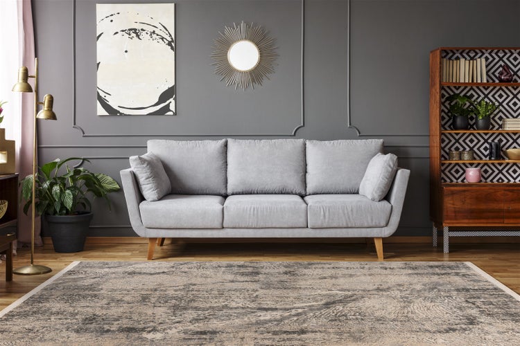 Modernes Wohnzimmer mit grauem Dreisitzer-Sofa, gemustertem Teppich, dunkler Wand mit Zierleisten, Stehlampe und Holzregal.