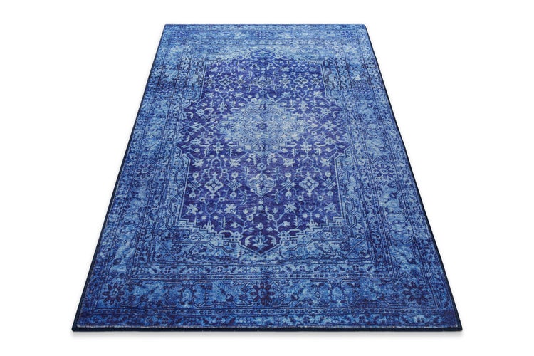 Rechteckiger Teppich mit orientalischem Muster im Vintage-Stil, blau.