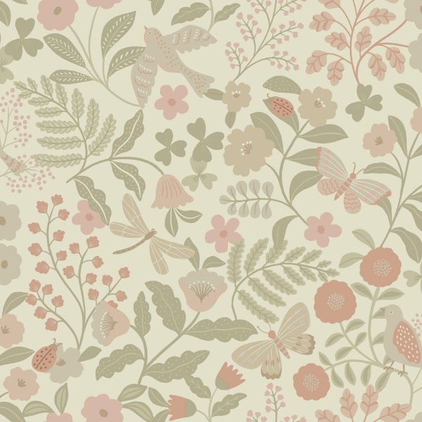 ESTAhome Tapete Blumen und Vögel Grün und Rosa - 50 x 900 cm - 139869
