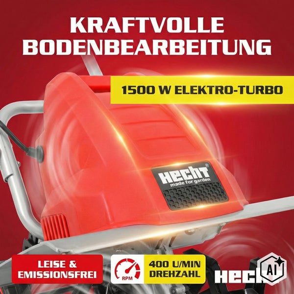 Hecht Elektro Gartenfräse mit 1500 Watt Leistung, 400 Umdrehungen pro Minute Drehzahl, emissionsfrei und leise im Betrieb.
