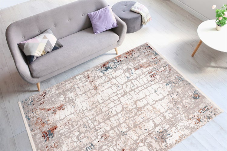 Kurzflor Teppich Celestia Grau / Lachsrosa Vintage-Design, Used-Look, Patchwork-Design 80 x 150 cm