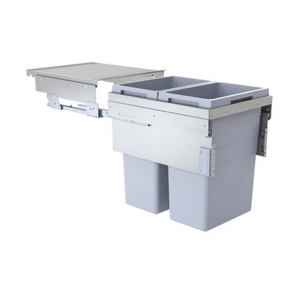 Ausziehbarer Mülltrenner für Küchenschränke mit zwei grauen Abfalleimern und Metallschiene.