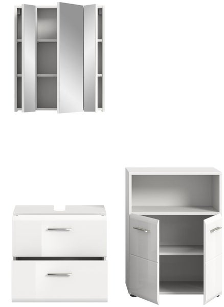 Weißes Badezimmermöbel Set mit dreitürigem Spiegelschrank, Waschbeckenunterschrank mit zwei Schubladen und Beistellschrank mit offenem Fach.