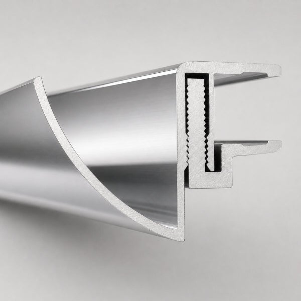 Aluminiumprofil im Querschnitt mit gezahntem Innenbereich und gewölbter Außenseite.