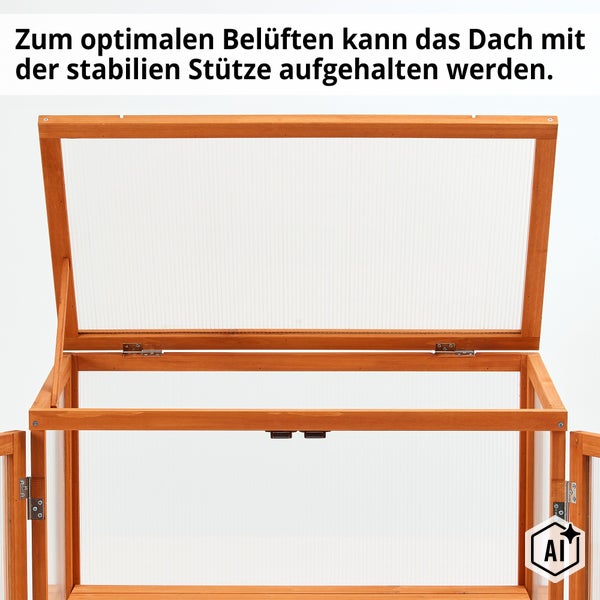 Holz Frühbeet mit aufklappbarem Deckel und Stützvorrichtung zur Belüftung.
