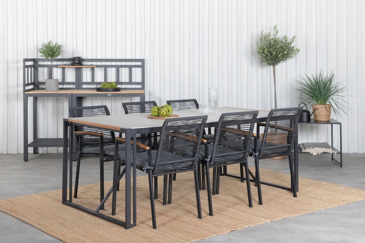 Texas Gartenset Tisch 100x200cm und 6 Stühle Dallas schwarz, natur, grau. 100 X 200 X 73 cm