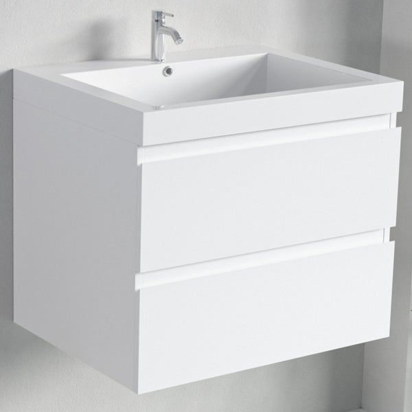 Hängender Waschtischunterschrank mit zwei Schubladen und integriertem Waschbecken inklusive Armatur für ein modernes Badezimmer.