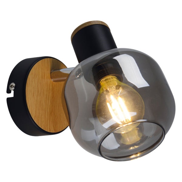 Wandleuchte mit Holzapplikation und Lampenschirm aus Glas