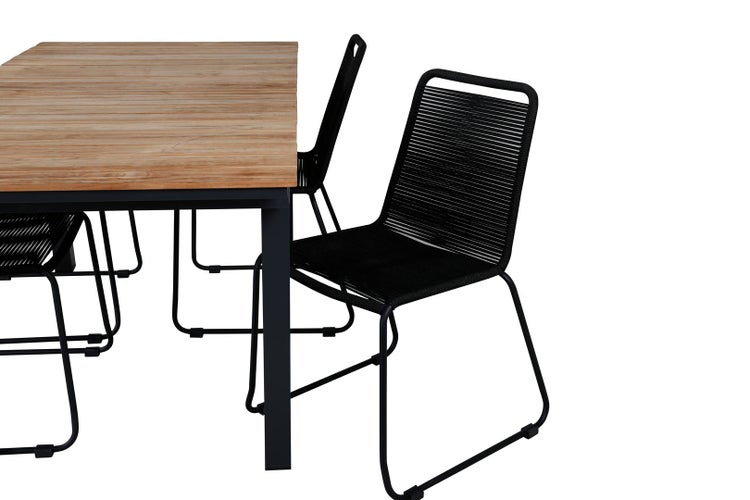 Gartentisch mit Holzplatte und Stühle mit Seilbespannung
