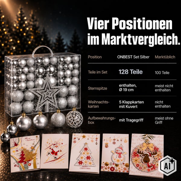 Weihnachtsbaumkugel Set mit 128 Teilen inklusive Sternspitze, fünf Weihnachtskarten und Aufbewahrungsbox mit Tragegriff im Marktvergleich.