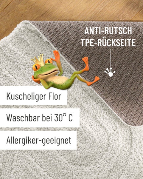 Badematte mit weichem Flor und rutschhemmender TPE-Rückseite, waschbar bei 30 Grad, für Allergiker geeignet.
