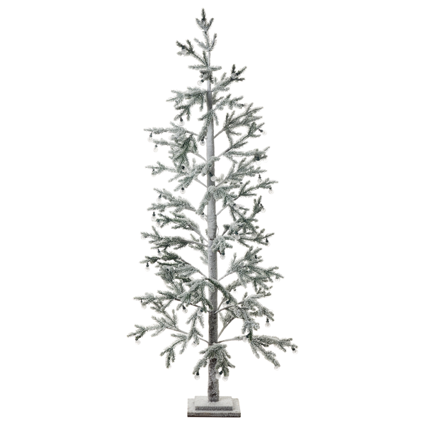 Schlanker, künstlicher Weihnachtsbaum mit Beleuchtung auf quadratischem Sockel