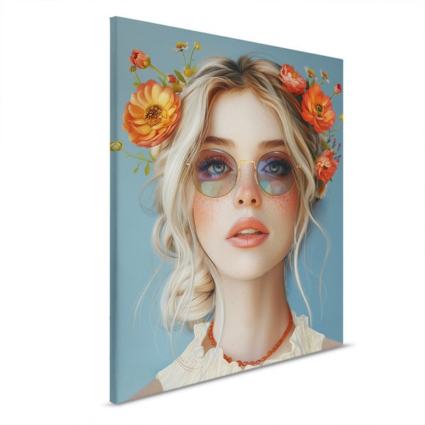 Leinwandbild mit dem Porträt einer Frau mit Blumen im Haar und Brille