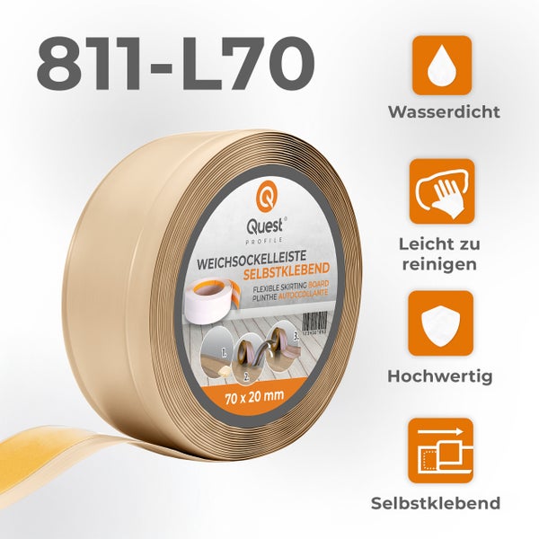 Quest Weichsockelleiste, Breite Sockelleiste 70 x 20 mm, PVC Knickleiste für Wand, Boden, Flexibel, Sandfarbe, 20 Meter