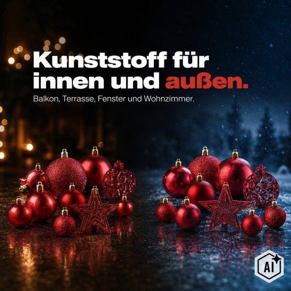 Weihnachtskugeln und Sterne aus Kunststoff für innen und außen Dekoration auf dem Tisch
