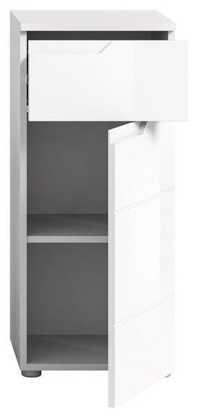 Badunterschrank in Weiß mit geöffneter Schublade und geöffneter Tür, zwei Ablagefächer im Inneren.