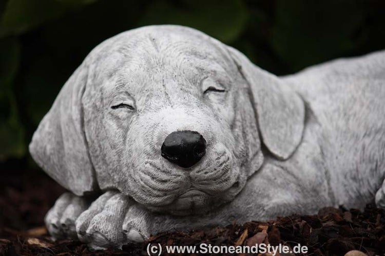 Gartenfigur schlafender Hund aus Stein als dekoratives Element für den Außenbereich.