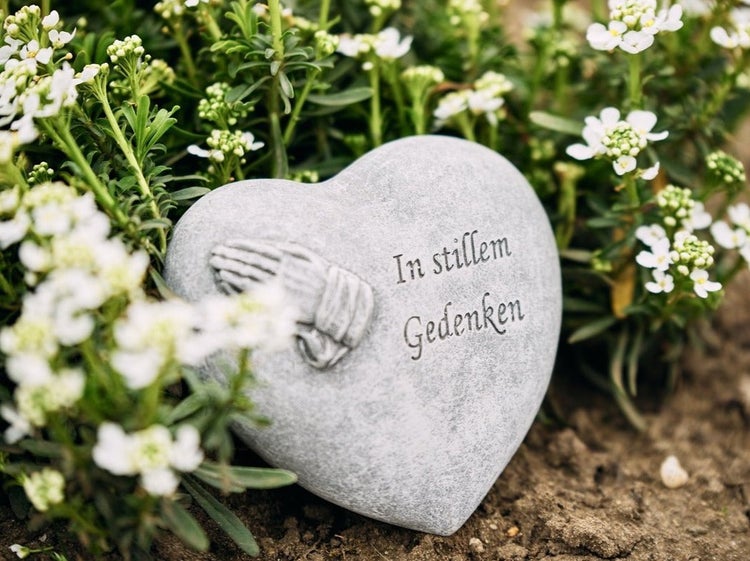 Herzförmiger Grabschmuck aus Stein mit betenden Händen und der Inschrift In stillem Gedenken, platziert in einem Beet mit weißen Blumen.