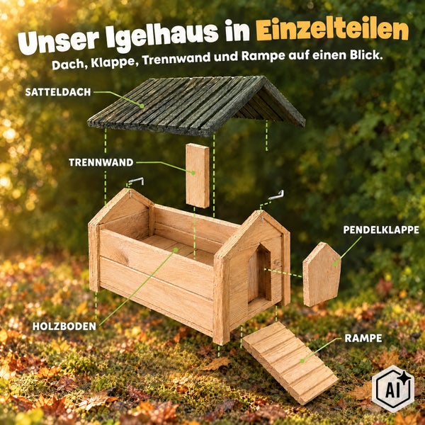 Igelhaus aus Holz mit abnehmbarem Dach und Pendelklappe als Eingang, inklusive Igel-Figur, geeignet als Unterschlupf für den Garten.