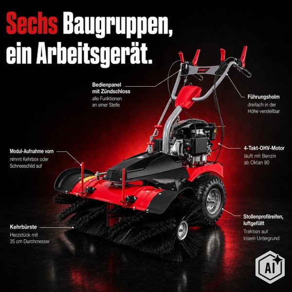 Eine Kehrmaschine mit Benzinmotor, Modulaufnahme, höhenverstellbarem Führungsholm, Stollenprofilreifen und einer 35 Zentimeter Kehrbürste.