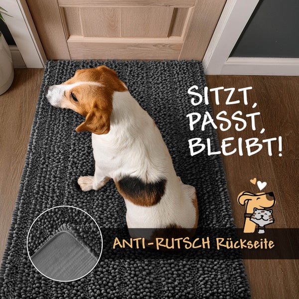 Schmutzfangmatte aus 100 Prozent Polyester, extrem robust und qualitätsgeprüft, mit Chenille-Struktur, für Hunde geeignet.