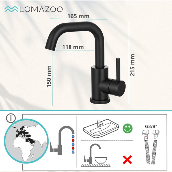 Lomazoo Waschbeckenarmatur mit Maßangaben und Installationshinweisen