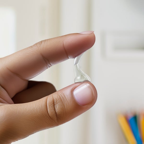 Finger mit einer kleinen Menge transparenter, viskoser Klebstoffpaste oder Gel zwischen Daumen und Zeigefinger.