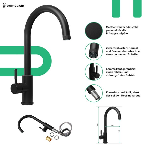 PRIMAGRAN Granitspüle Schwarz 78x53cm, Spülbecken 1 Becken + Küchenarmatur 32x20cm + Ablauf-Set + Küchenzubehörset, Küchenspüle ab 80er Unterschrank - Oslo Pocket