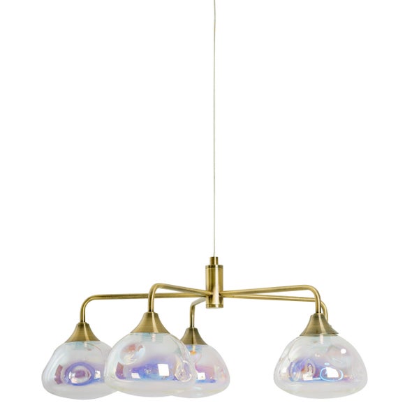 LED Pendelleuchte 5-flammig Varna, Pendellampe aus messingfarbenem Metall und irisierendem Glas, fest verbaute LEDs, 50 cm Durchmesser, stilvolle Beleuchtung für Wohnzimmer, Esszimmer oder Diele